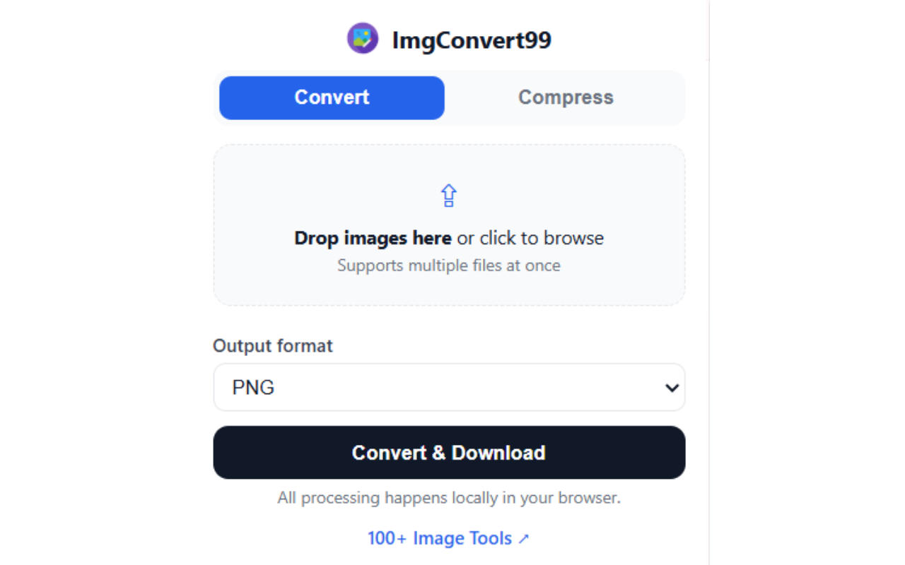 ImgConvert99 extension Convert tab — drag and drop images and choose the output format