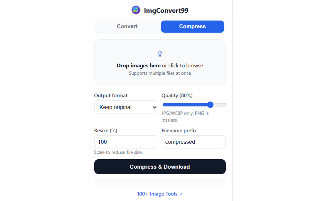 ImgConvert99 extension Compress tab — quality slider, resize and batch download controls